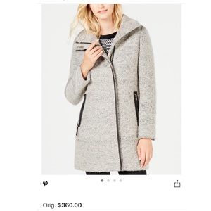 Petite Faux-Leather Trim Bouclé Coat
